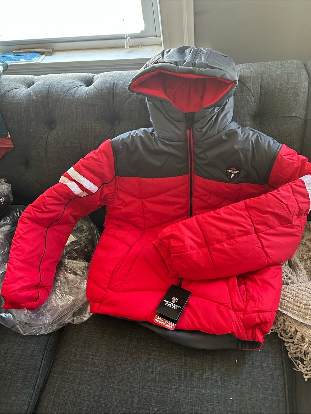 Youth Hooded Puffer Jacket in Red & Gray - Insulated Kids Coat